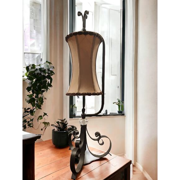 Unique Black Metal Lamp with Tan Fabric Shade Large Table Lamp 29" Tall Nice - Picture 2 of 7